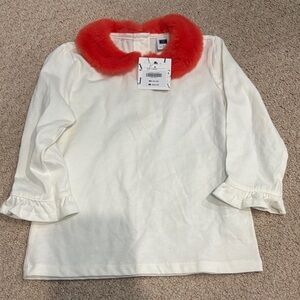 Janie and Jack White Top with peach Faux Fur Collar